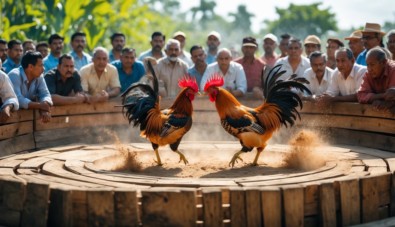 Dua ayam jago sedang bertarung di arena kayu dengan penonton yang memperhatikan di sekelilingnya.