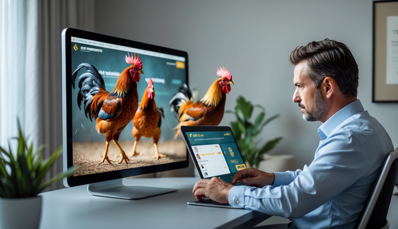 Seorang pria dewasa menggunakan laptop untuk mengikuti pertandingan sabung ayam secara online dengan dua ayam jago terlihat di layar komputer.