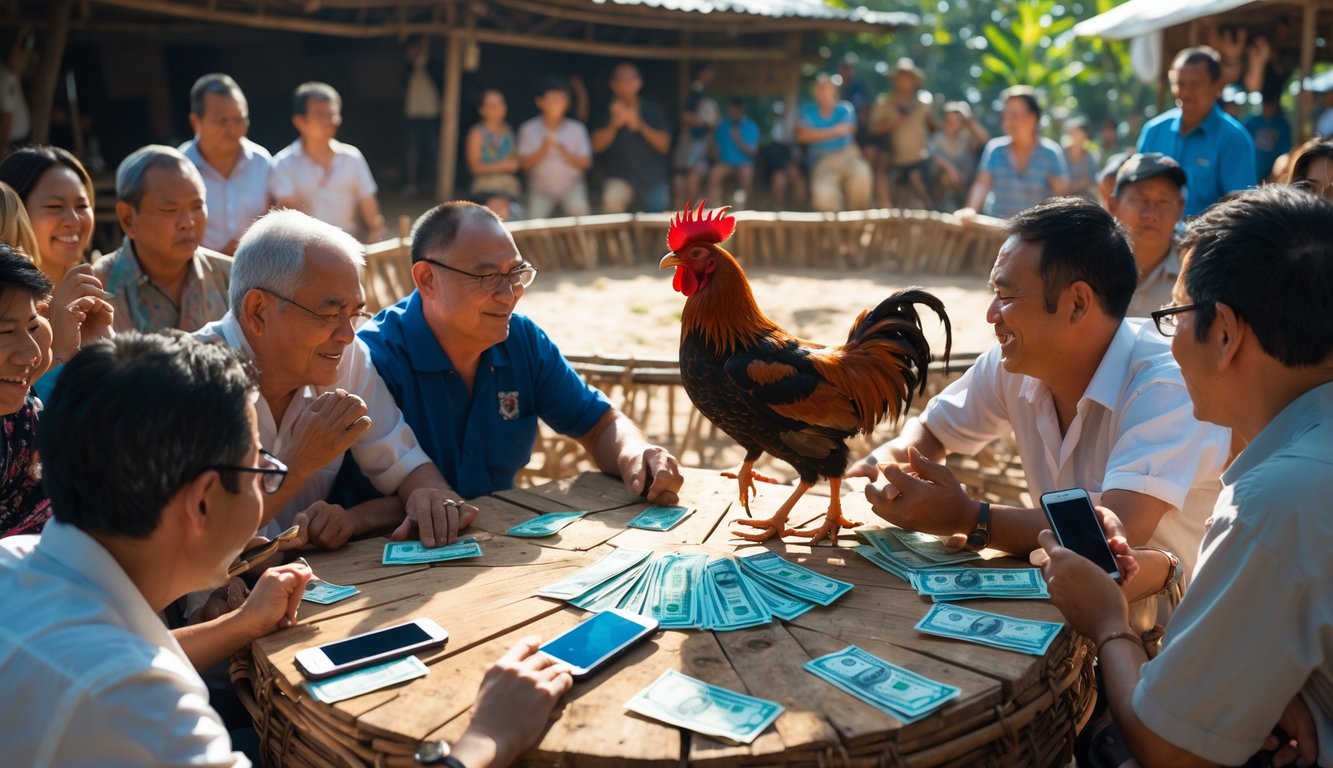 Sekelompok orang sedang memasang taruhan pada pertarungan ayam jago di luar ruangan dengan dua ayam bertarung di arena di latar belakang.