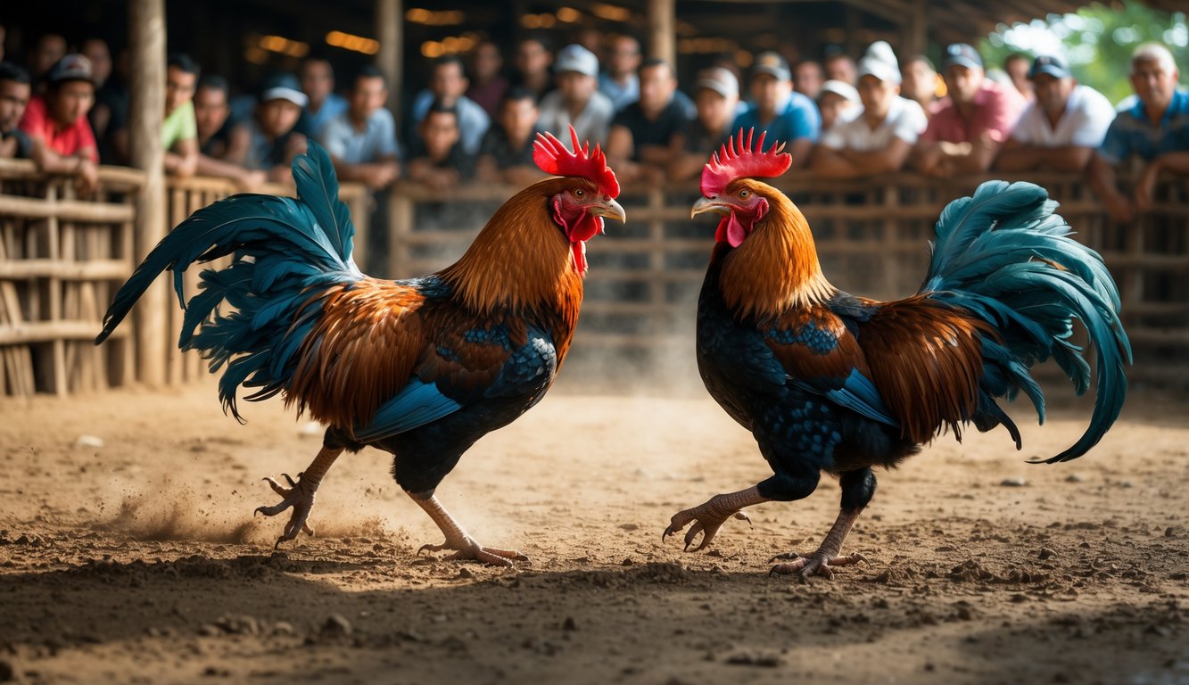 Dua ayam aduan sedang bertarung di arena kayu dengan penonton yang antusias mengamati.