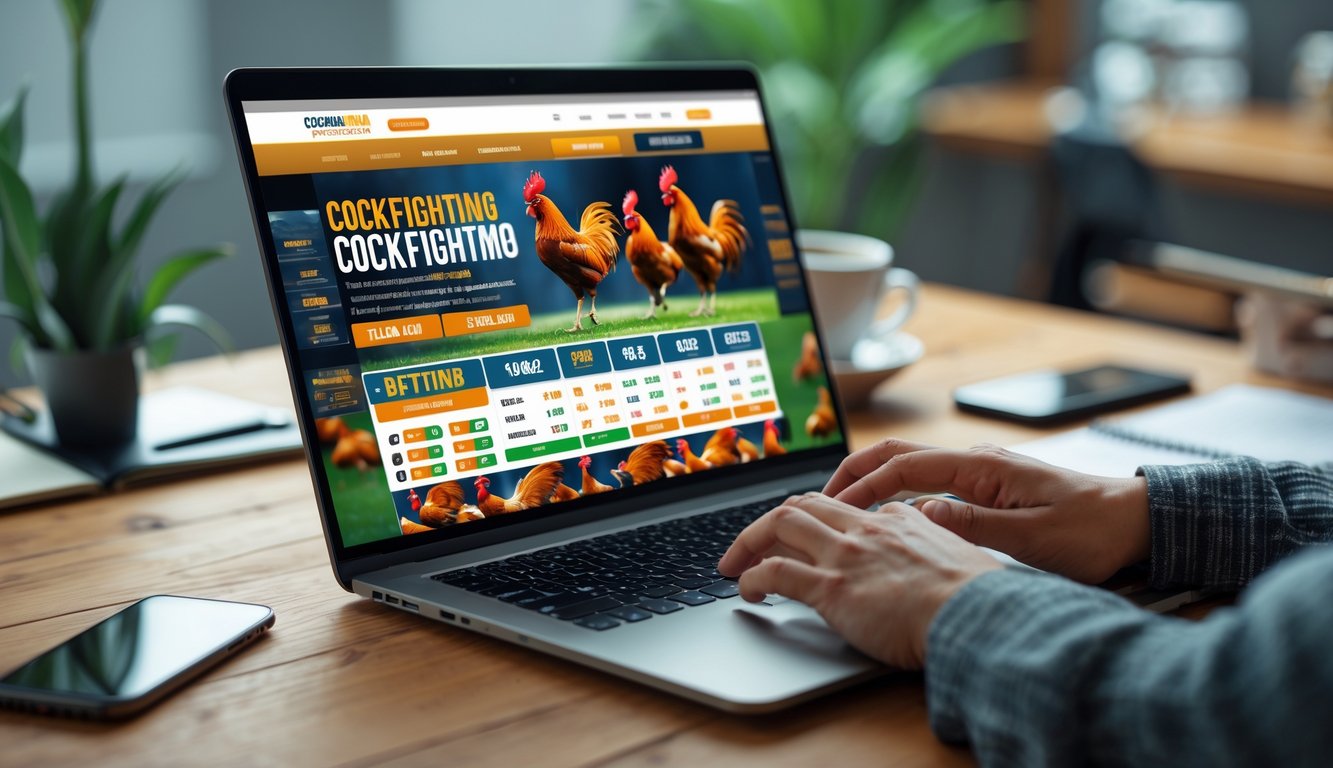 Seseorang menggunakan laptop di meja kerja untuk memasang taruhan ayam aduan secara online.