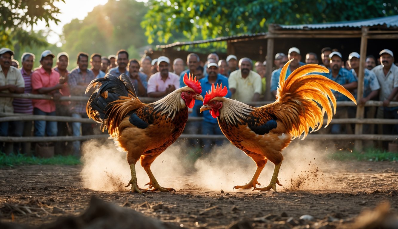 Dua ayam jago bertarung di arena terbuka dengan sekelompok orang menonton di sekitarnya.