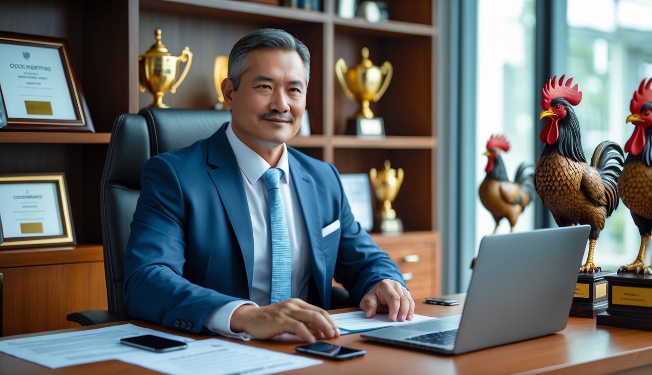 Seorang pria duduk di kantor resmi agen sabung ayam dengan meja kerja dan hiasan ayam jago di latar belakang.