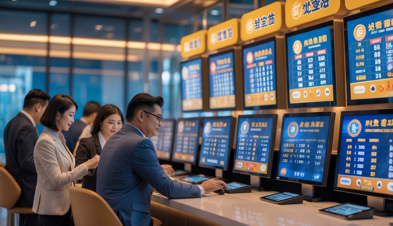 Orang-orang sedang memasang taruhan dan memeriksa hasil Toto Macau di sebuah konter taruhan modern.