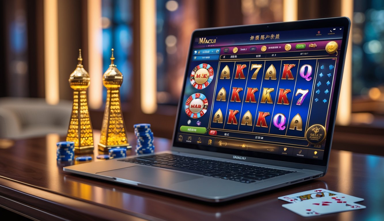 Seorang pengguna duduk di depan laptop dengan tampilan permainan kasino online, di meja terdapat chip poker dan kartu remi, serta model kecil Menara Macau di latar belakang.