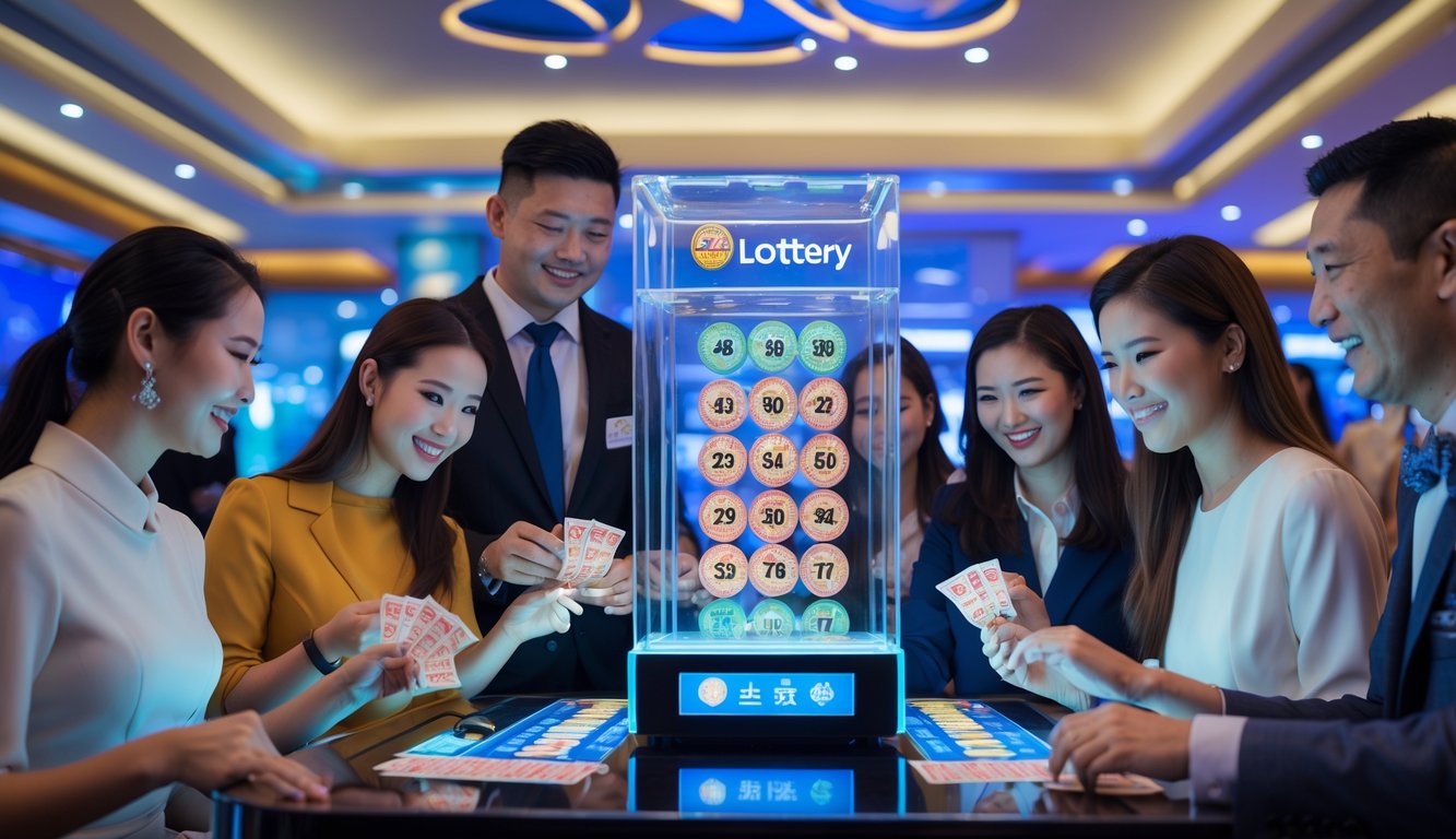 Sejumlah orang sedang mengikuti acara undian Toto secara langsung di sebuah ruang permainan di Macau.