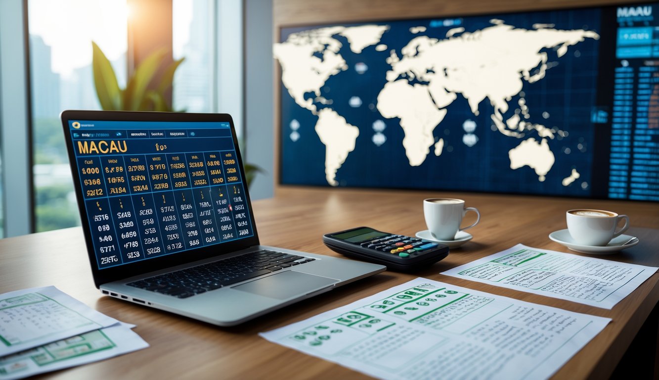 Meja kerja modern dengan laptop menampilkan grafik data dan peta Macau di layar latar belakang.