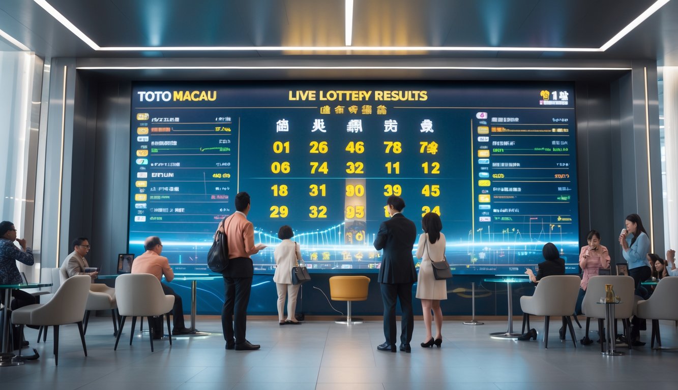 Orang-orang menonton papan digital yang menampilkan hasil togel secara langsung di ruangan modern.