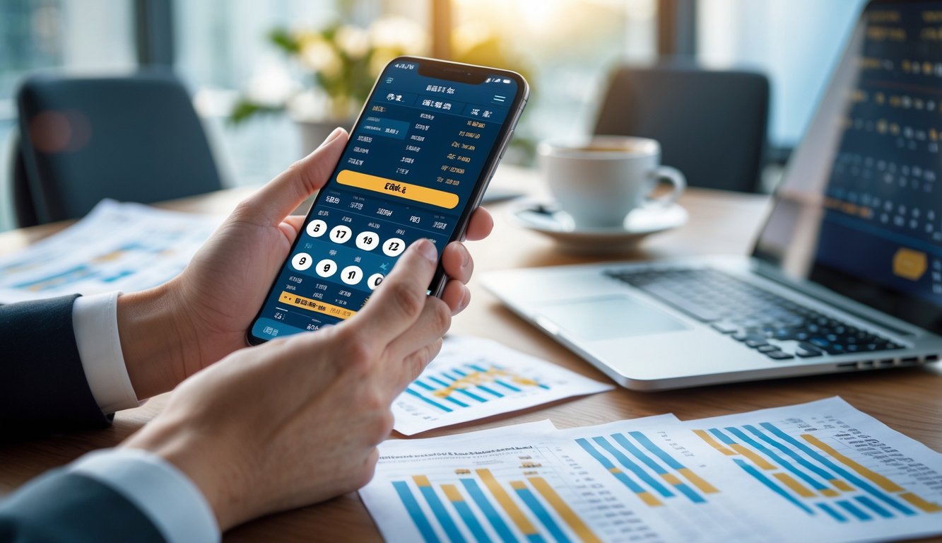 Tangan seseorang memegang ponsel yang menampilkan aplikasi angka lotere dengan latar belakang meja kerja berisi laptop, kopi, dan kertas data.