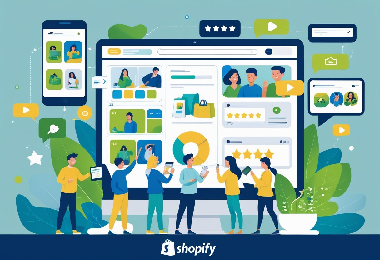 Illustration showing customers using devices to share photos, videos, and reviews of products on an online store, highlighting user-generated content boosting e-commerce sales.