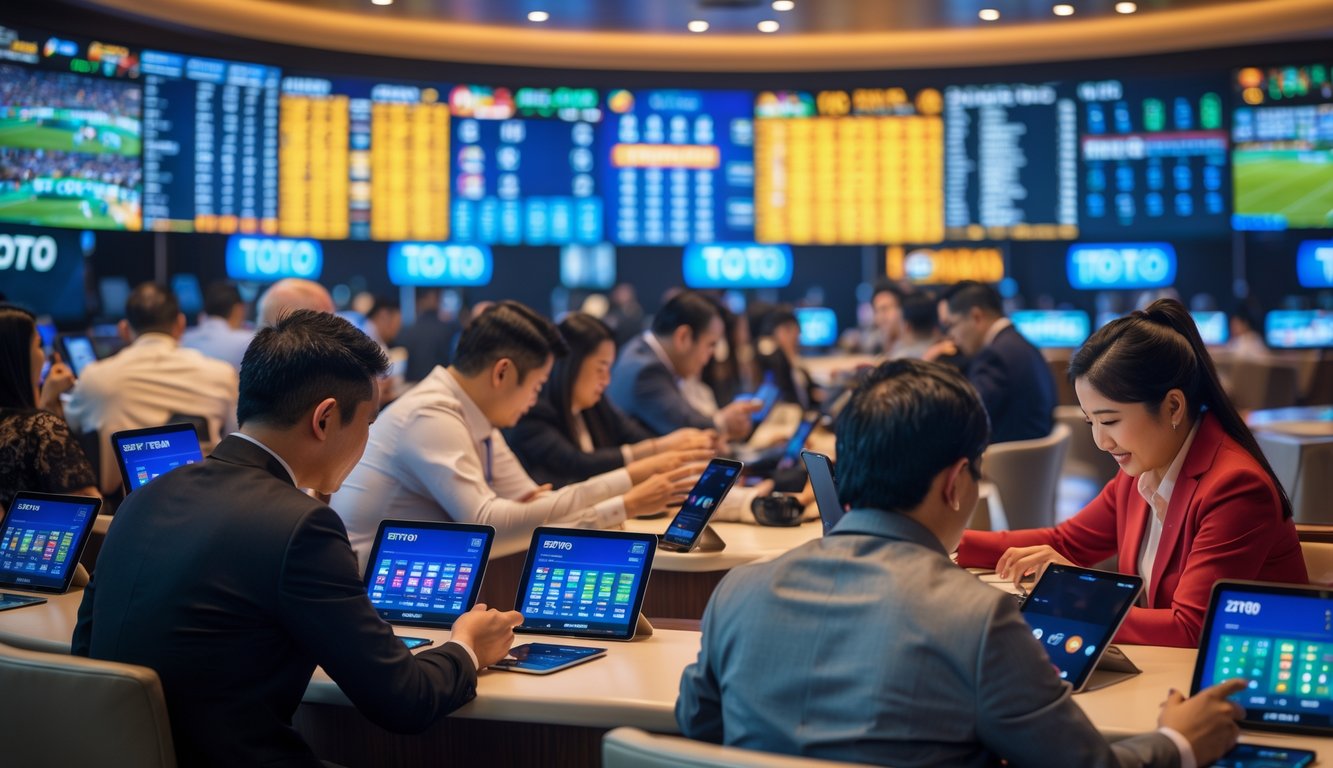 Orang-orang sedang memasang taruhan langsung di sebuah lounge taruhan modern dengan layar besar menampilkan acara olahraga.