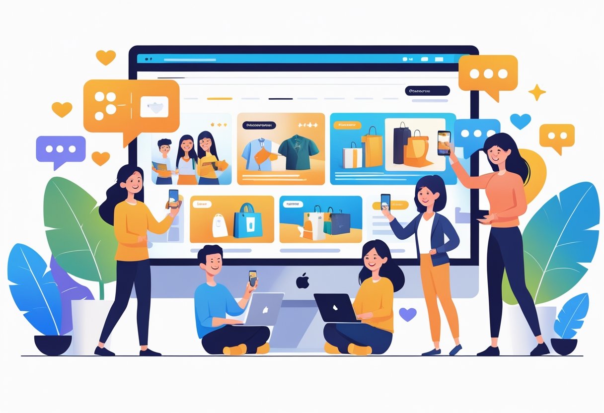 Customers happily sharing photos and reviews on digital devices with an online store showing a gallery of user-generated product images.