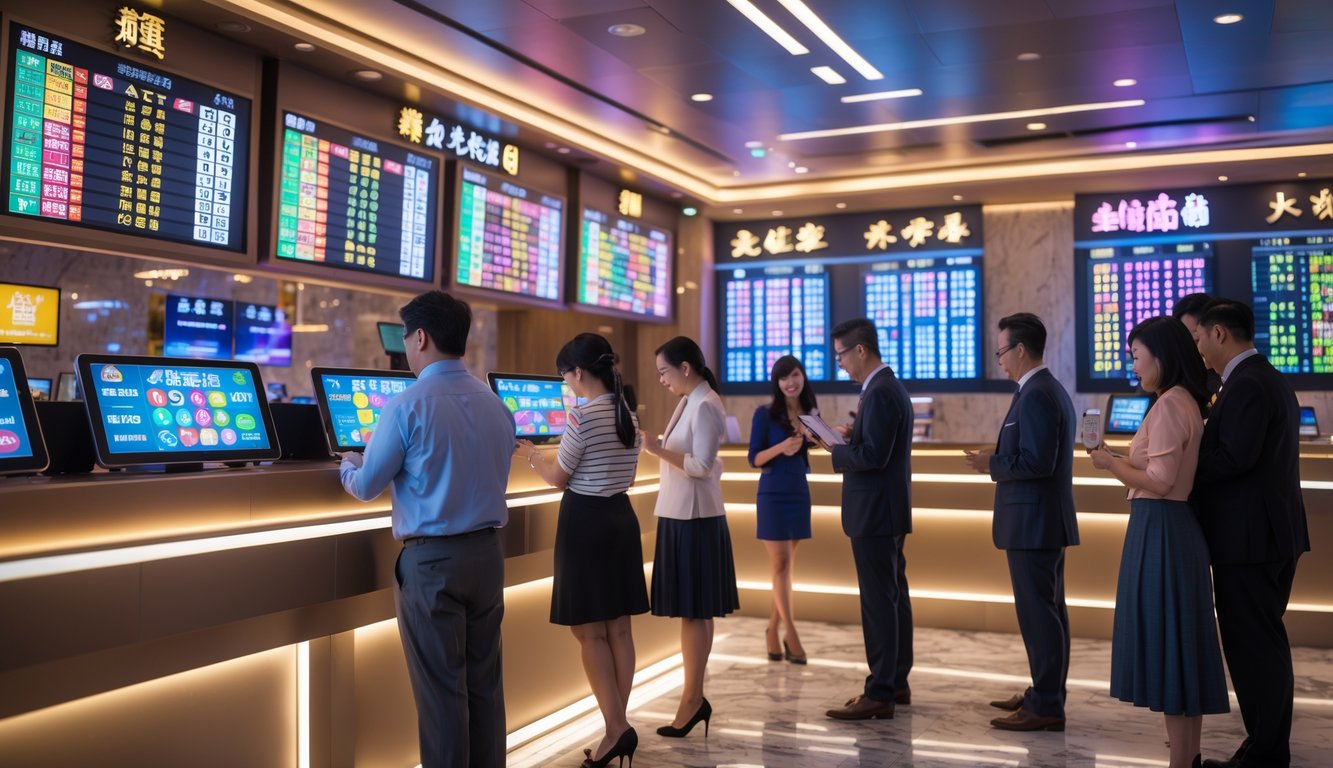 Suasana di konter taruhan resmi dengan orang-orang yang memeriksa tiket lotre dan layar digital menampilkan angka lotre berwarna-warni.