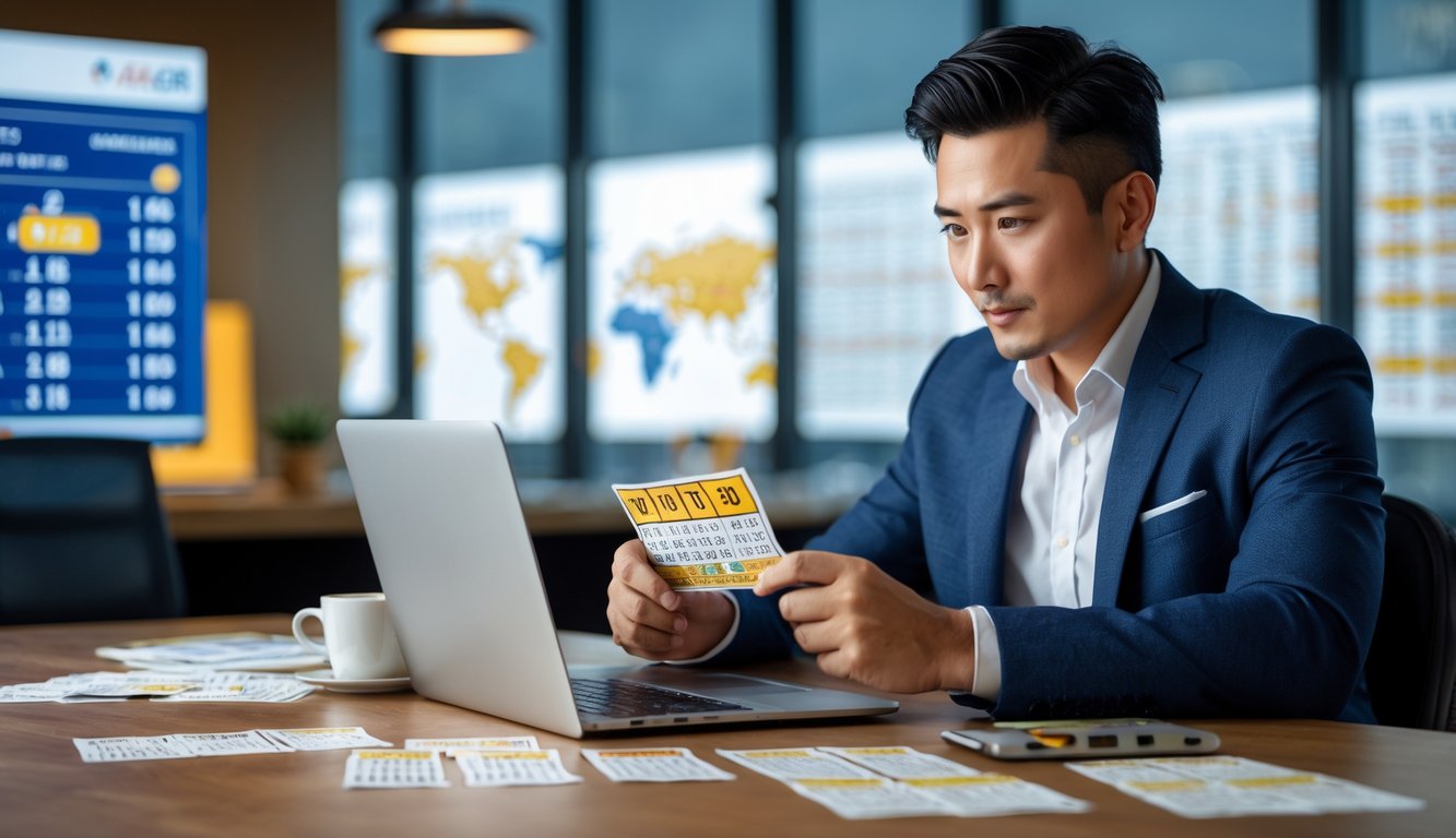 Seorang pria duduk di meja kantor dengan tiket lotere dan dokumen, fokus mempelajari strategi menang Toto Macau.