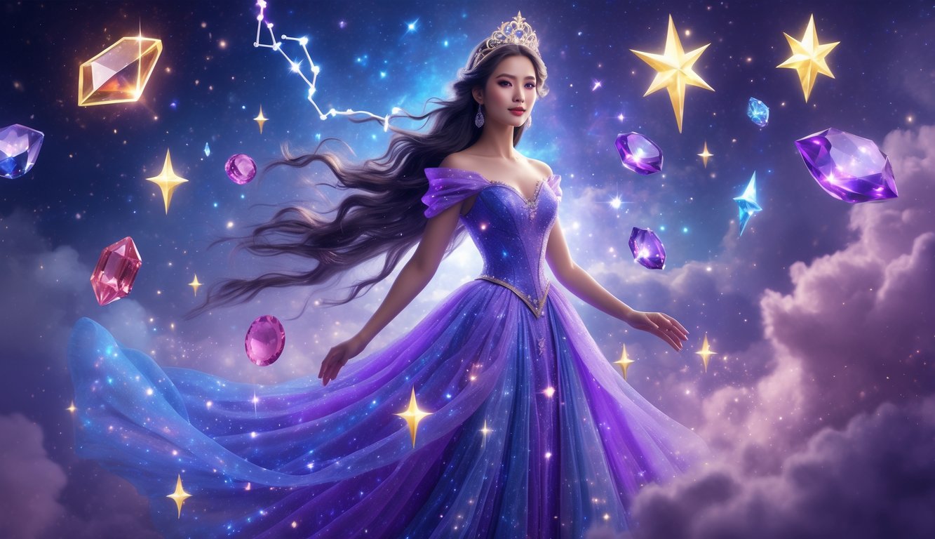 Seorang putri bercahaya berdiri di tengah lanskap langit malam yang penuh bintang dan galaksi yang berkilauan.