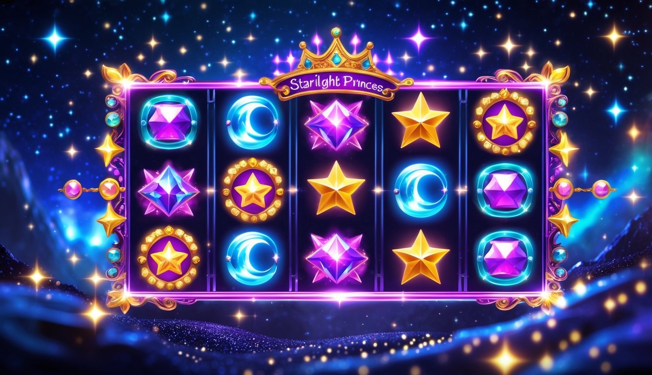 Tampilan mesin slot digital dengan tema putri bintang bercahaya di latar belakang bertabur bintang dan efek cahaya magis.