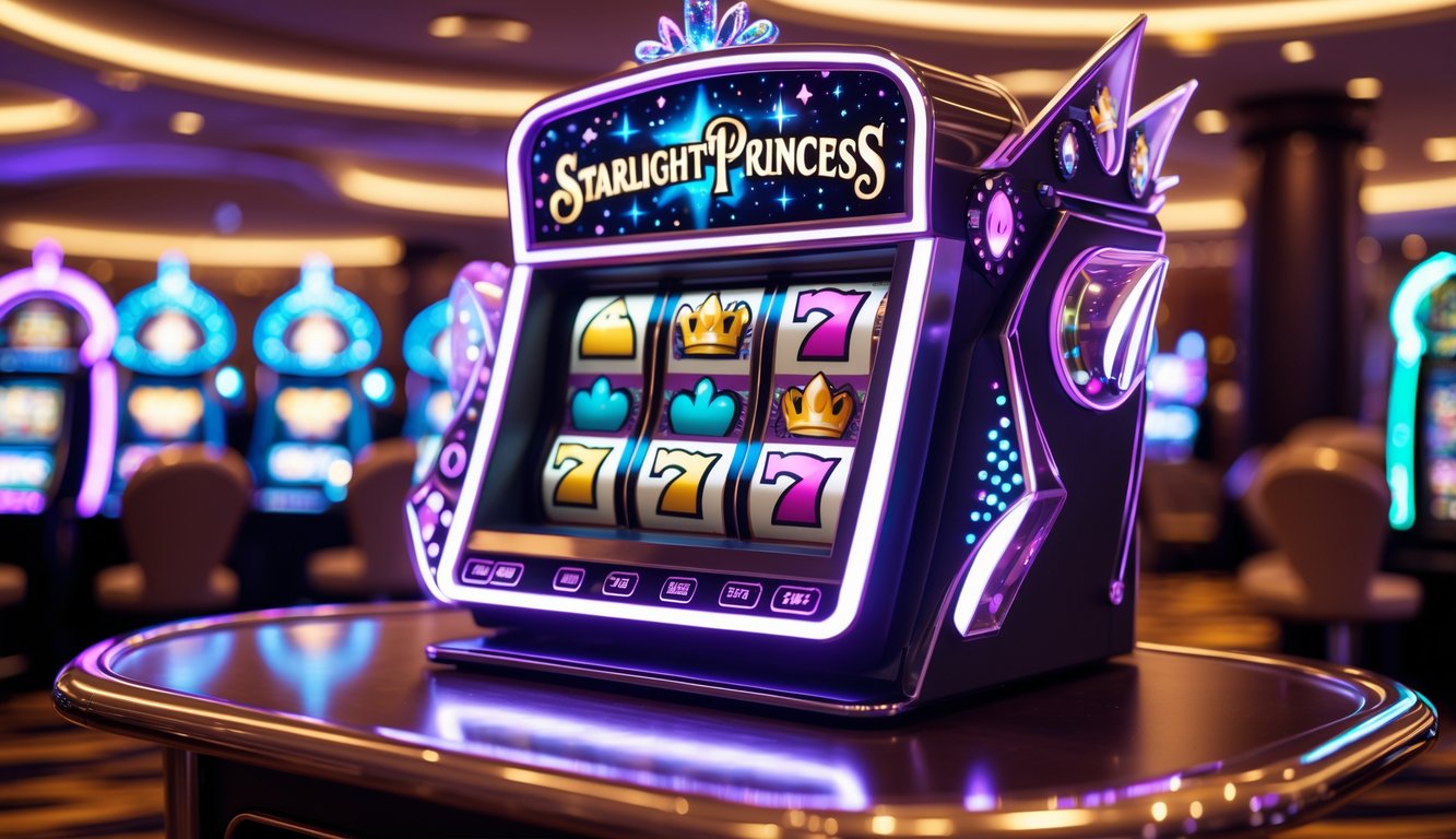 Mesin slot mewah dengan simbol bintang dan mahkota putri yang bersinar di dalam kasino.