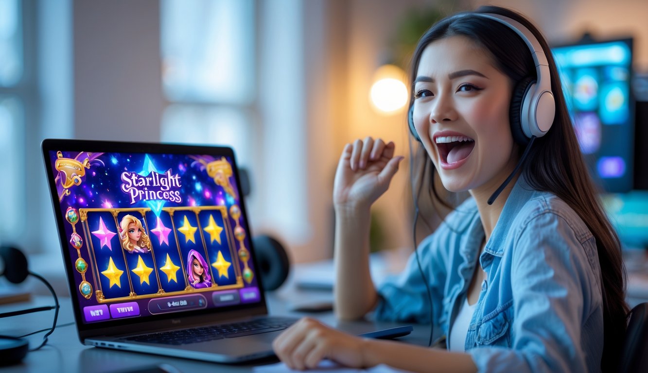 Seorang wanita muda duduk di depan laptop dengan ekspresi antusias sambil bermain permainan slot bertema putri dan bintang.