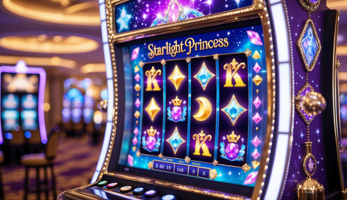 Mesin slot bertema putri bintang dengan simbol berkilauan di dalam kasino yang elegan.
