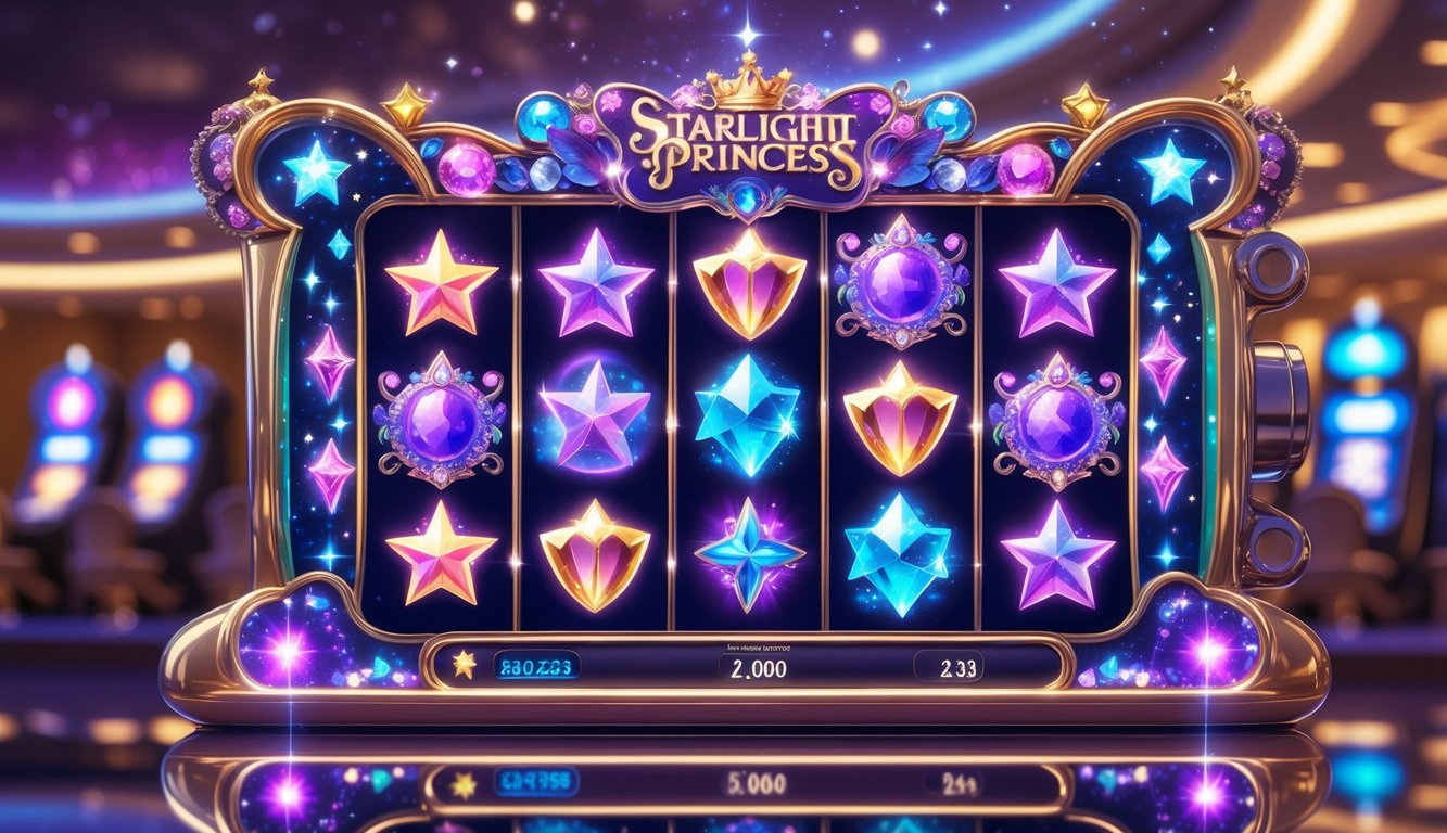 Mesin slot berwarna cerah dengan tema putri bintang yang berkilauan dan elemen magis di latar kasino mewah.