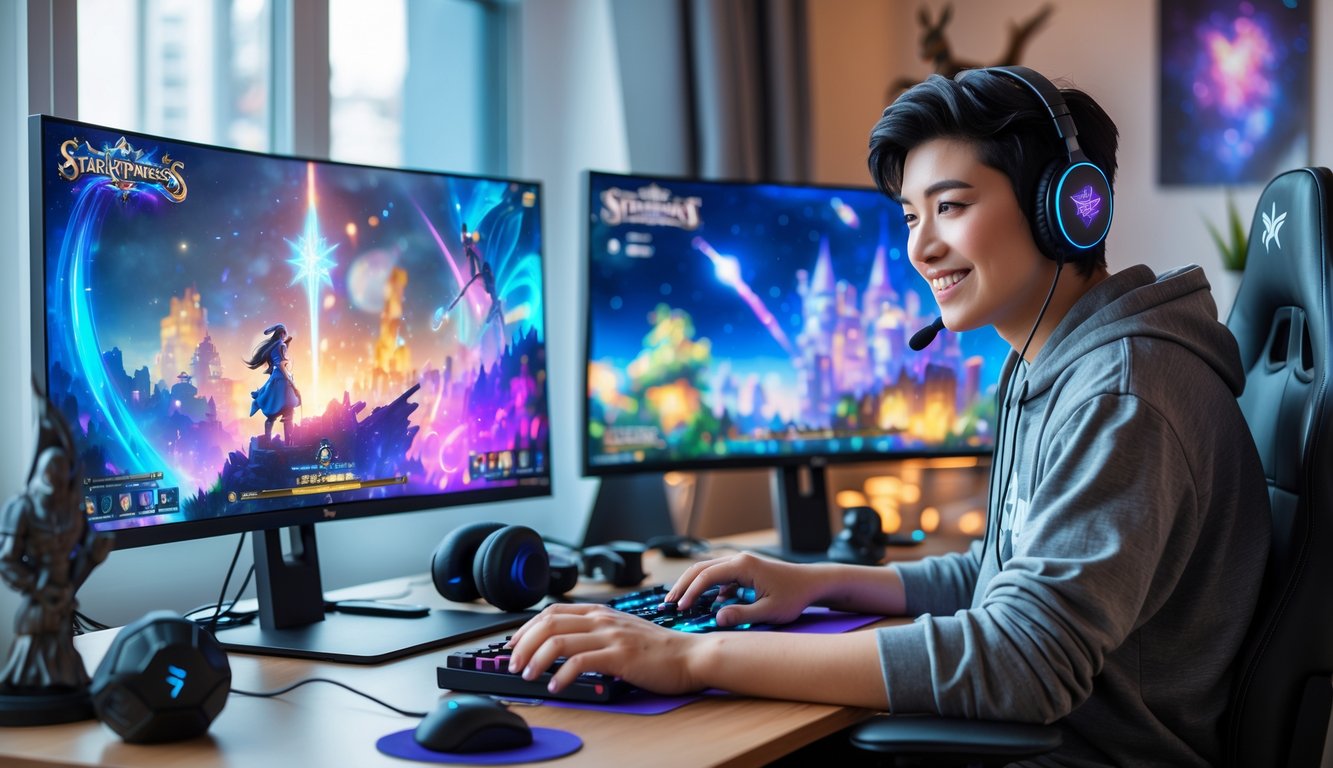 Seorang gamer muda duduk di depan komputer dengan layar menampilkan permainan Starlight Princess, terlihat fokus dan menikmati permainan.