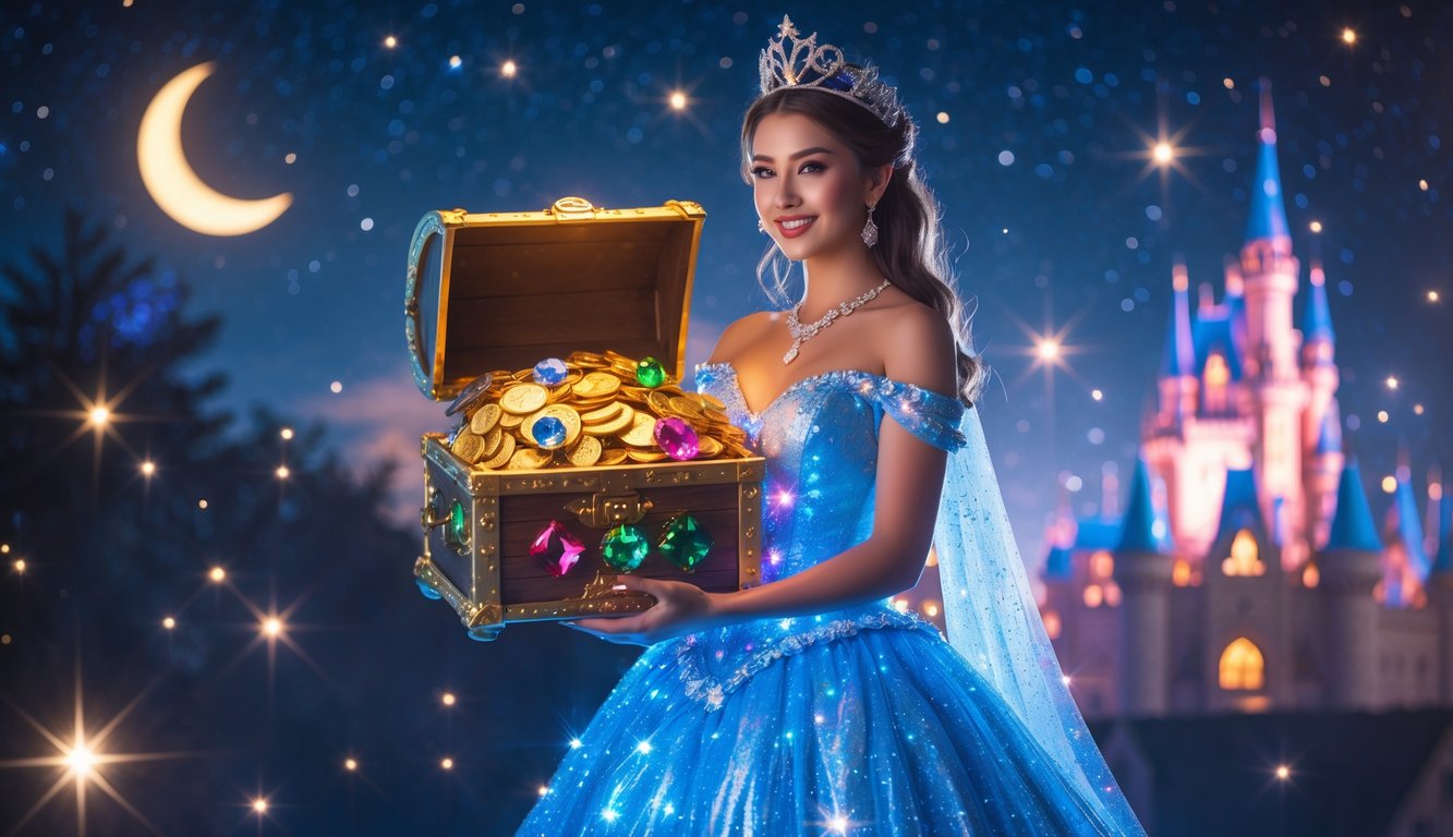 Seorang putri berdiri di bawah langit berbintang dengan harta karun yang bersinar di tangannya, di depan kastil yang bercahaya.