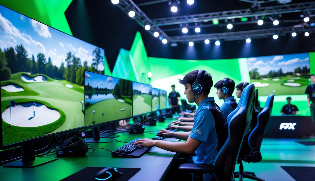 Suasana turnamen esports golf dengan pemain yang fokus bermain di depan layar besar menampilkan lapangan golf virtual.