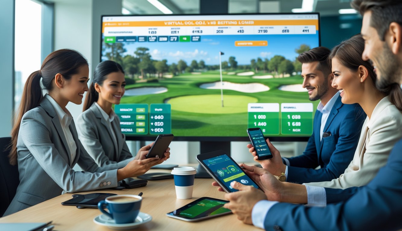Sekelompok profesional muda sedang menggunakan perangkat digital untuk bertaruh pada permainan golf virtual di sebuah kantor modern.