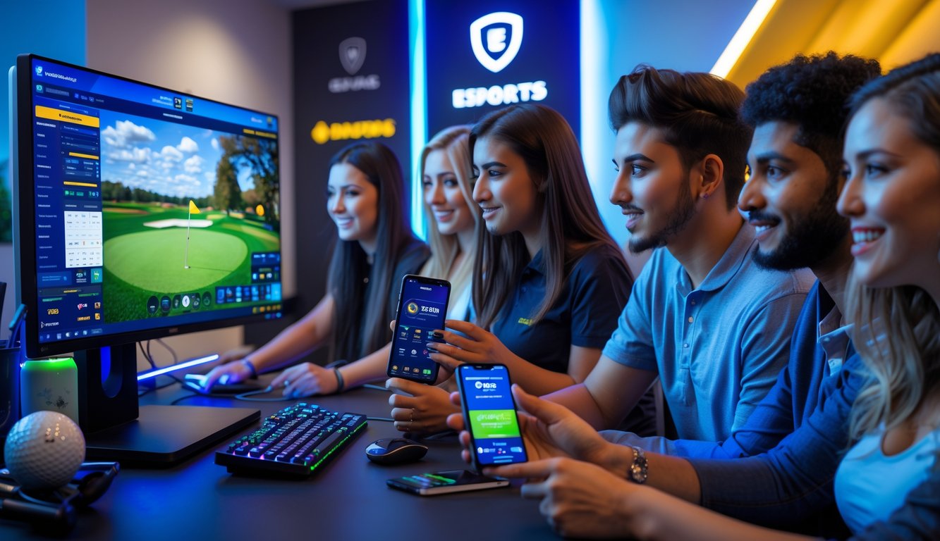Sekelompok orang muda sedang bermain dan bertaruh pada permainan golf esports di sebuah ruangan modern dengan peralatan golf dan perangkat elektronik.