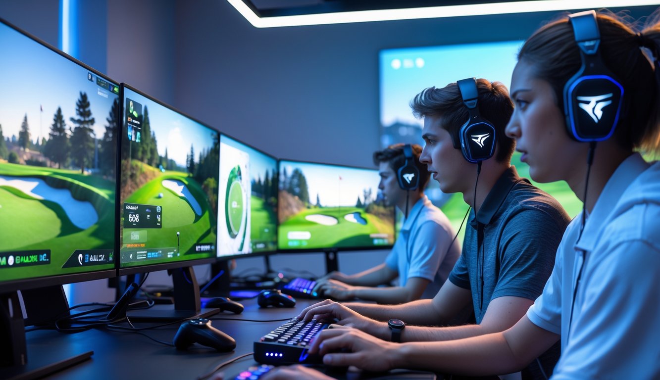Dua pemain esports golf sedang bermain di studio dengan monitor menampilkan simulasi permainan golf.