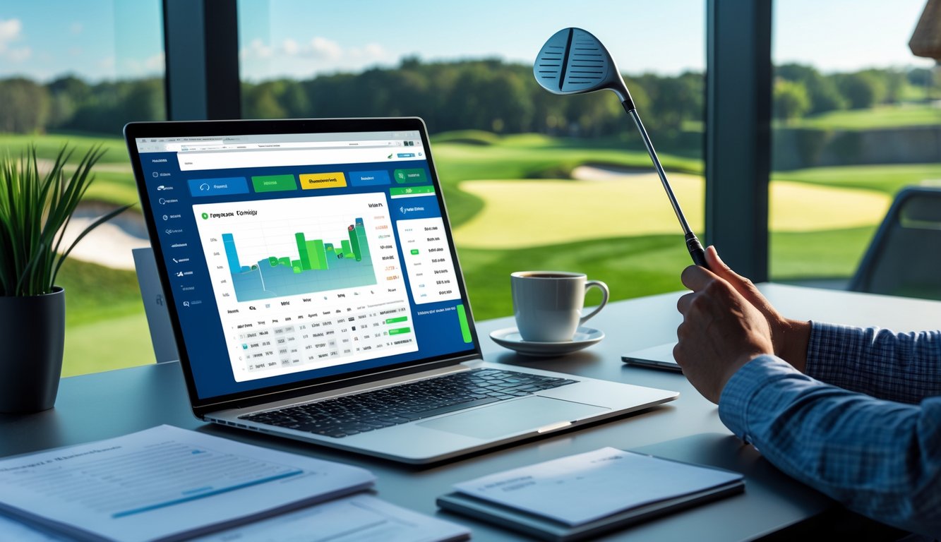 Seseorang duduk di meja kerja dengan laptop yang menampilkan situs judi golf, memegang stik golf, dengan lapangan golf terlihat di luar jendela.