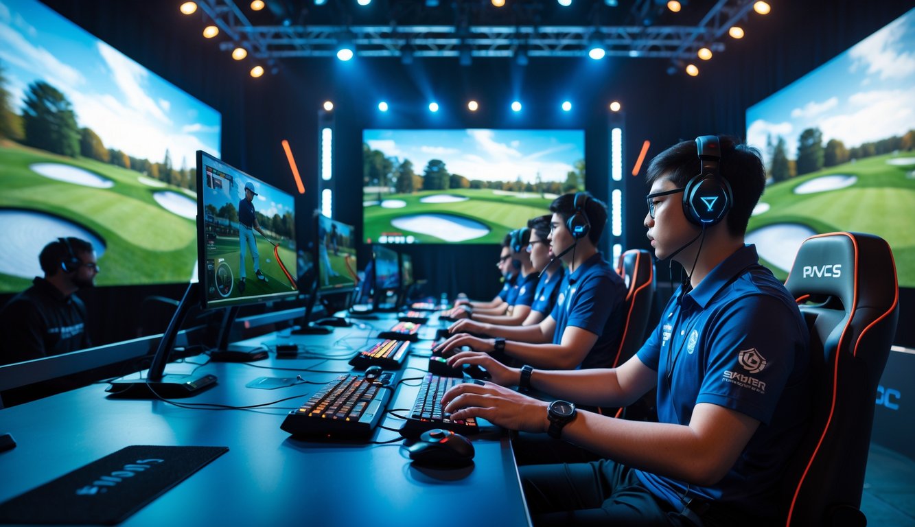 Beberapa pemain sedang bertanding dalam turnamen esports golf di arena dalam ruangan dengan layar besar dan penonton di latar belakang.