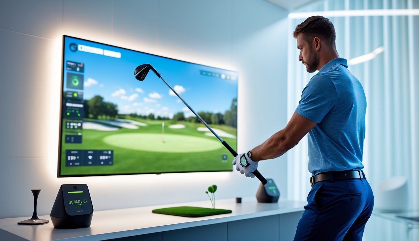 Seorang pria bermain golf virtual di dalam ruangan dengan layar besar menampilkan lapangan golf digital.