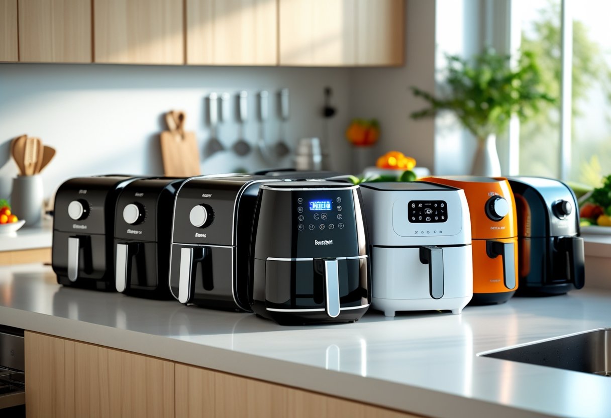 Ten different air fryers displayed on a kitchen countertop with fresh vegetables and cooking utensils in the background.