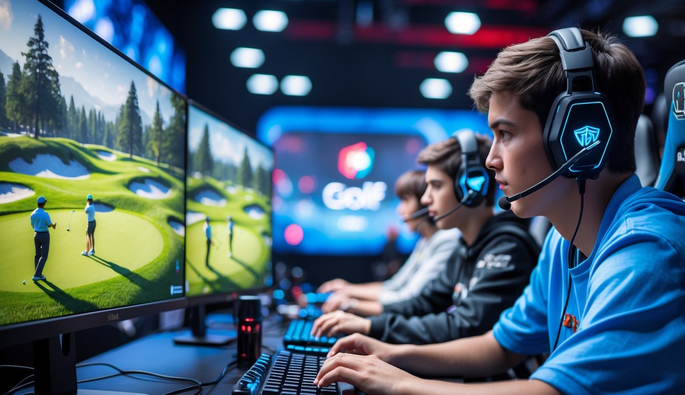 Sekelompok pemain esports sedang bermain game golf dengan antusias di sebuah arena turnamen dengan monitor dan peralatan gaming modern.