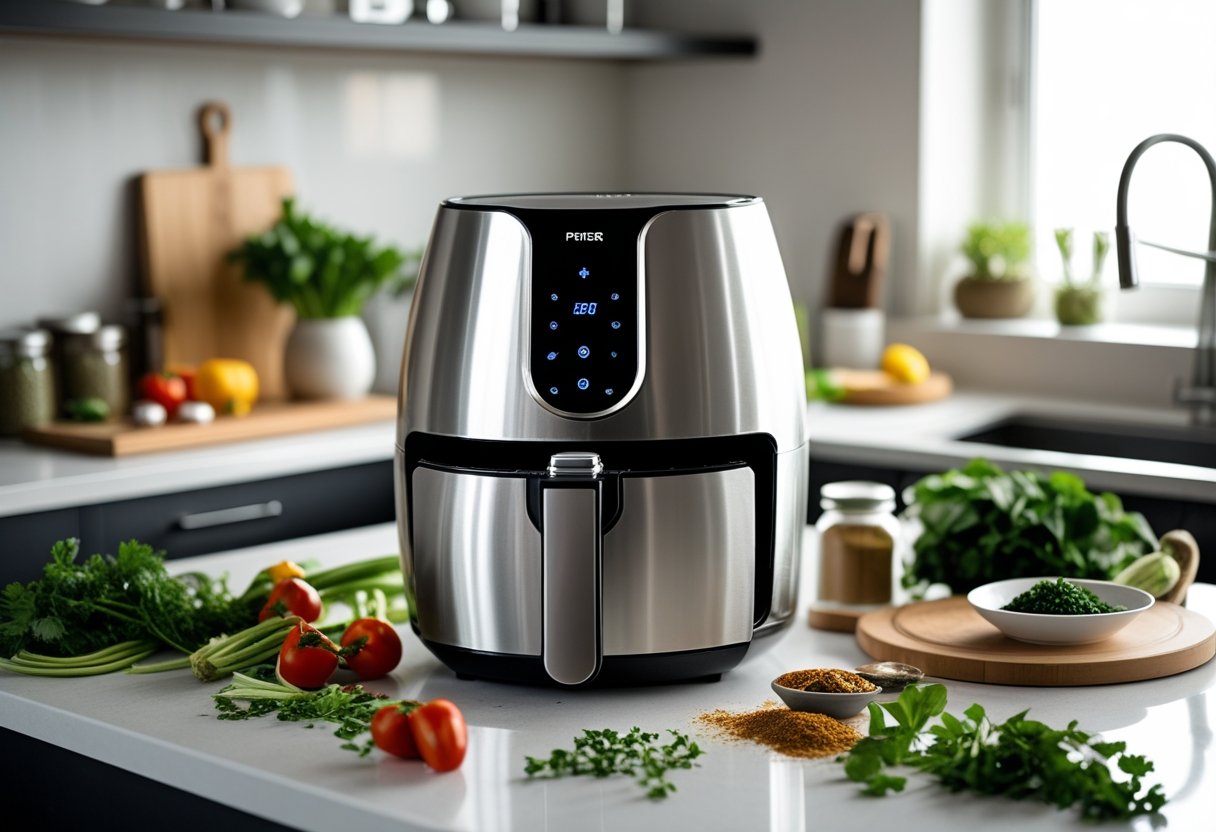 A modern kitchen countertop with a stainless steel air fryer surrounded by fresh vegetables and cooking ingredients.