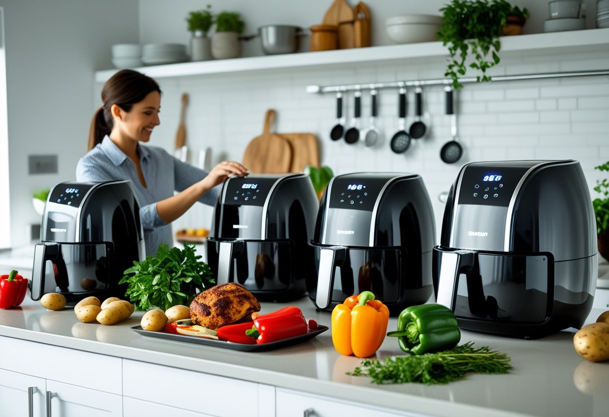 A person testing a variety of air fryers on a kitchen countertop surrounded by fresh vegetables and cooking ingredients.
