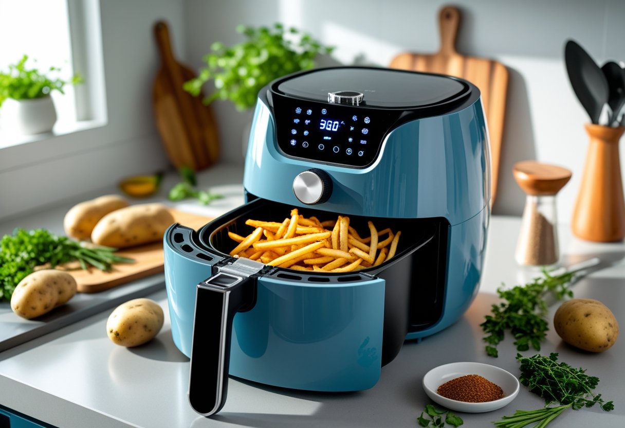 A modern kitchen countertop with an open air fryer containing crispy fries, surrounded by fresh ingredients like potatoes and herbs.