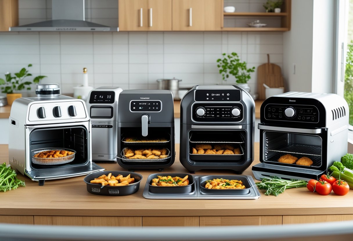 A kitchen countertop displaying various air fryers and alternative cooking appliances arranged neatly with fresh ingredients nearby.