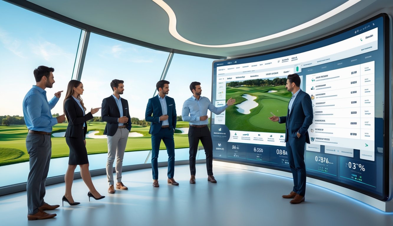 Sekelompok profesional muda menggunakan perangkat digital di ruang kerja modern dengan pemandangan lapangan golf di luar jendela.