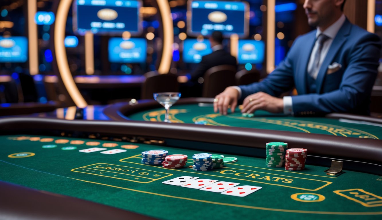 Seorang dealer bermain baccarat secara langsung di meja kasino dengan kartu dan chip, dikelilingi layar digital yang menampilkan statistik permainan.