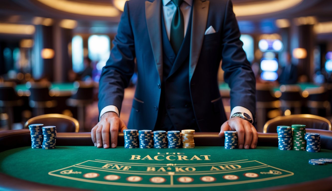 Seorang dealer berdiri di belakang meja baccarat di kasino dengan kartu dan chip tertata rapi.