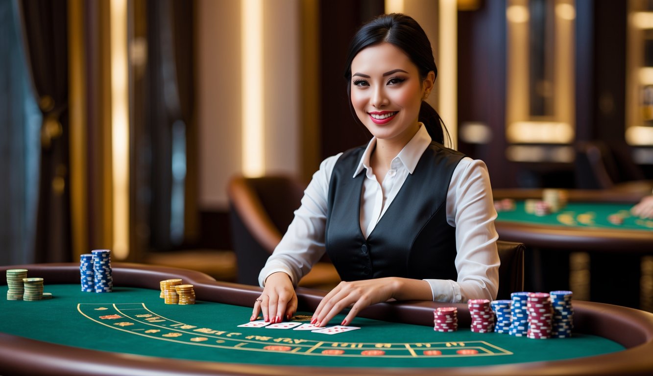 Seorang dealer baccarat wanita duduk di meja kasino dengan kartu dan chip, tersenyum ramah.