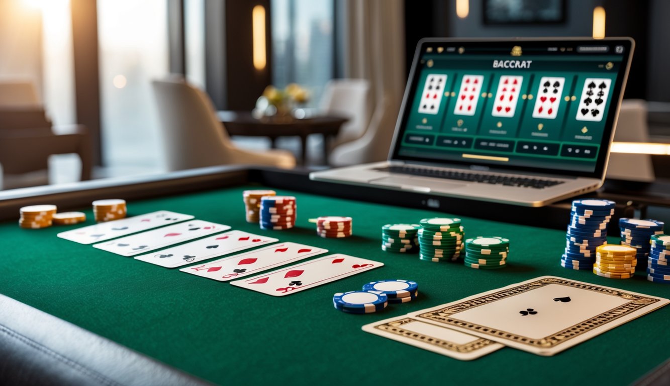 Meja baccarat dengan kartu dan chip yang tertata rapi di depan layar komputer yang menampilkan permainan baccarat.
