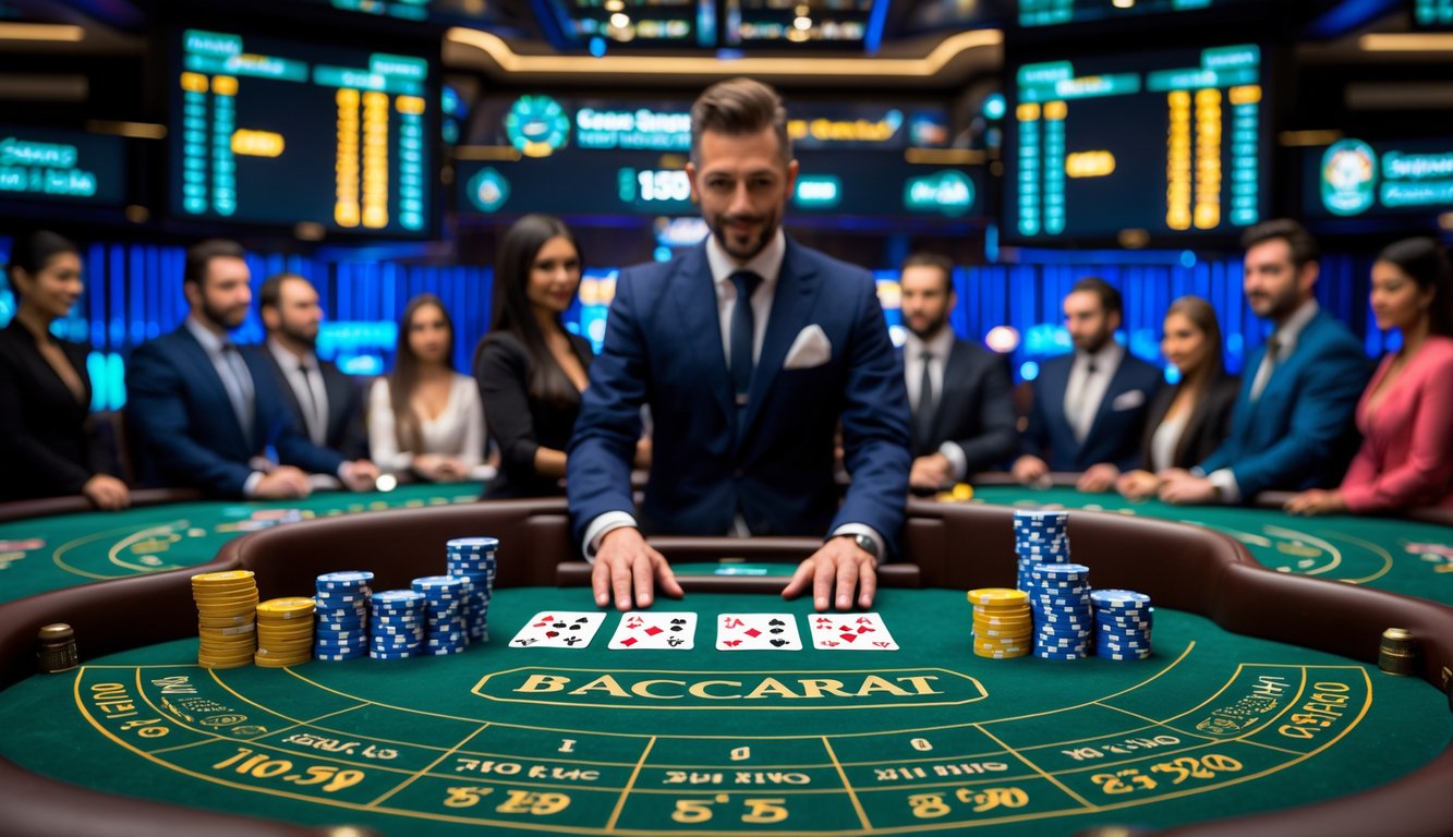 Meja Baccarat dengan kartu dan chip taruhan, dikelilingi oleh pemain dan dealer yang fokus bermain dalam suasana kasino.