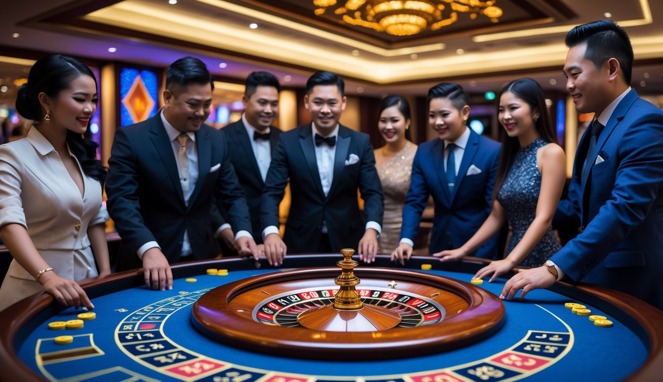 Suasana kasino langsung di Indonesia dengan pemain dan dealer di sekitar meja roulette yang terang dan mewah.