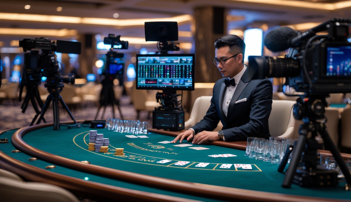 Seorang dealer sedang membagikan kartu di meja baccarat dengan peralatan streaming di latar belakang kasino.