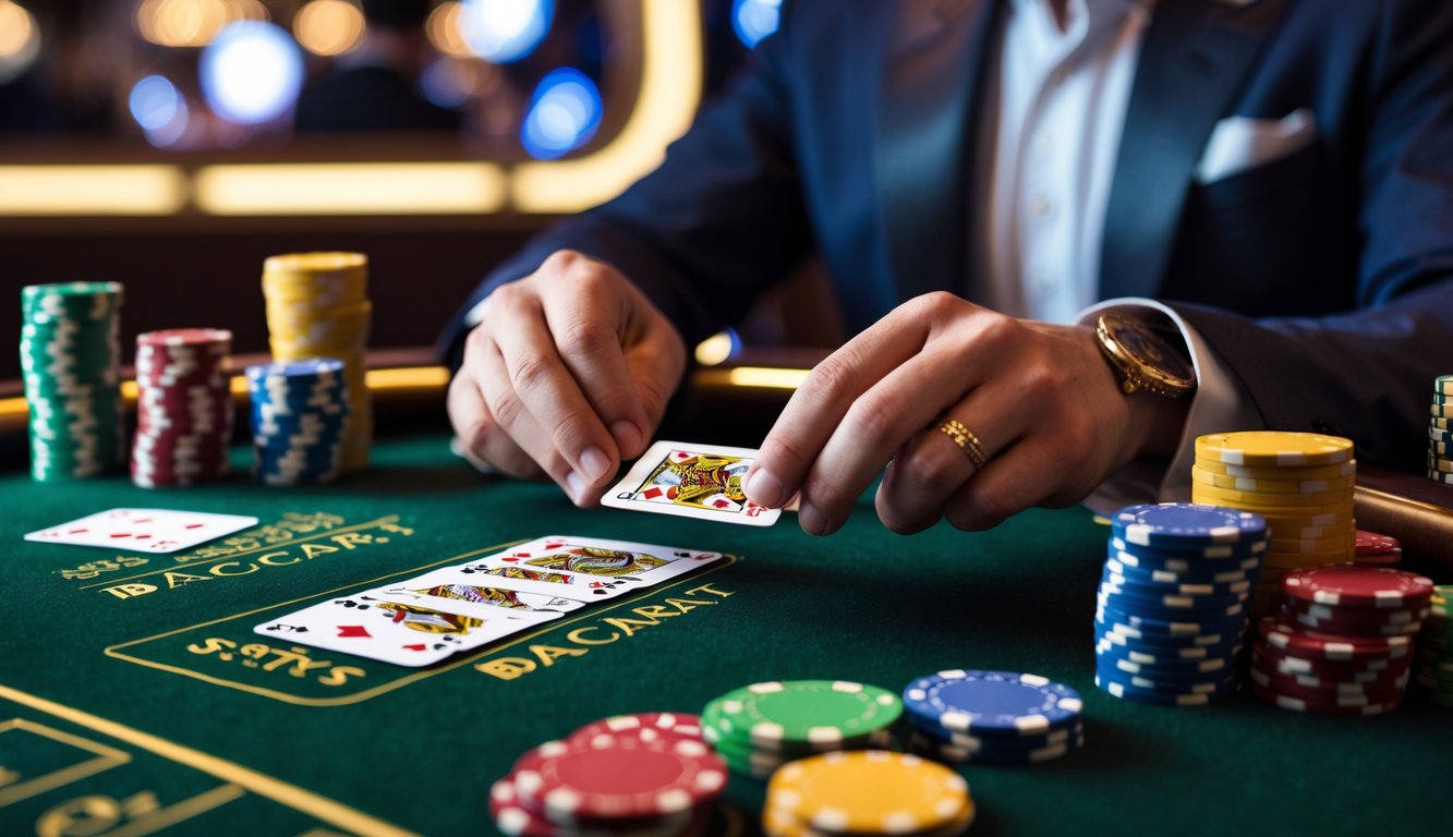 Meja kasino dengan kartu baccarat dan chip, tangan seseorang sedang bermain dengan suasana kasino yang elegan.