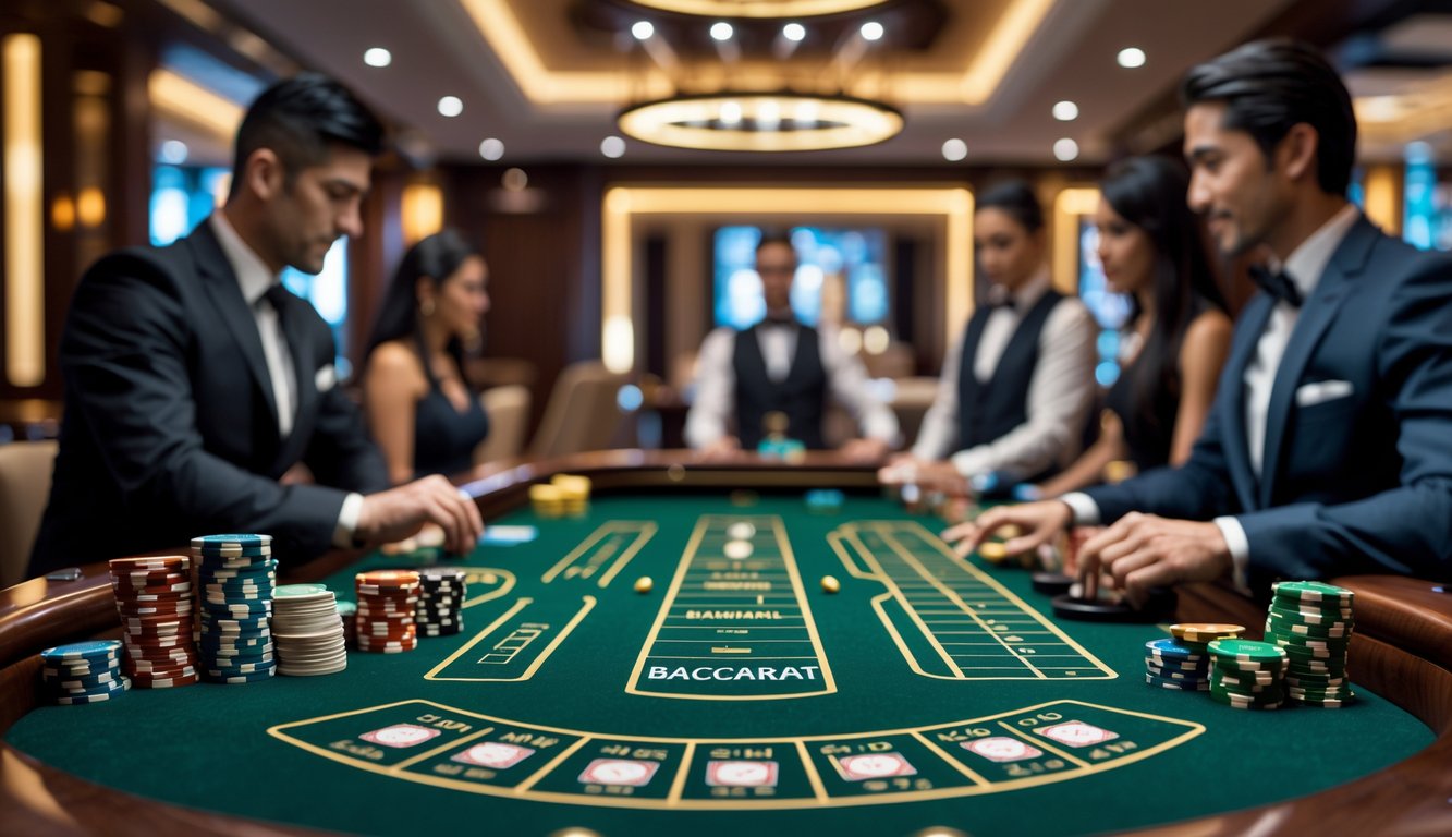 Meja baccarat mewah dengan pemain dan dealer yang fokus bermain di kasino yang elegan.