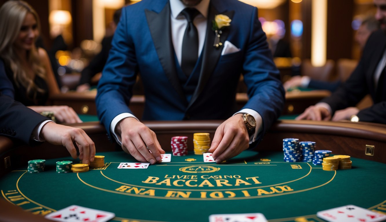 Seorang dealer yang rapi membagikan kartu di meja baccarat di kasino dengan pemain duduk mengelilingi meja hijau.